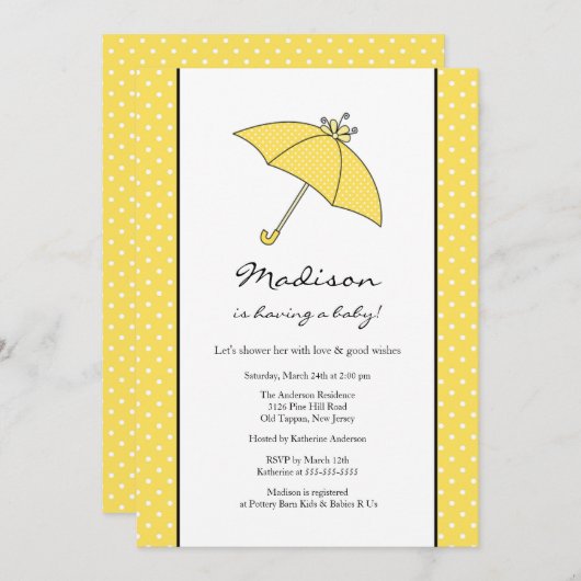 黄色い水玉模様の傘のベビーシャワー 招待状 (正面/裏面)
