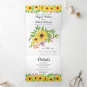 黄色い水色のひまわり結婚フローラ 三つ折り招待状 (内部)