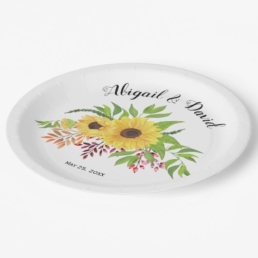 黄色い水色のひまわり結婚紅葉 ペーパープレート (アングル)