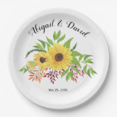 黄色い水色のひまわり結婚紅葉 ペーパープレート (正面)