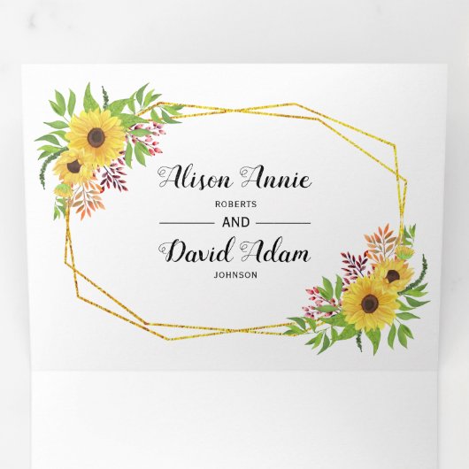 黄色い水色のひまわり、タイポグラフィ結婚ズ 三つ折り招待状 (内部最初)