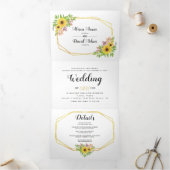 黄色い水色のひまわり、タイポグラフィ結婚ズ 三つ折り招待状 (内部)