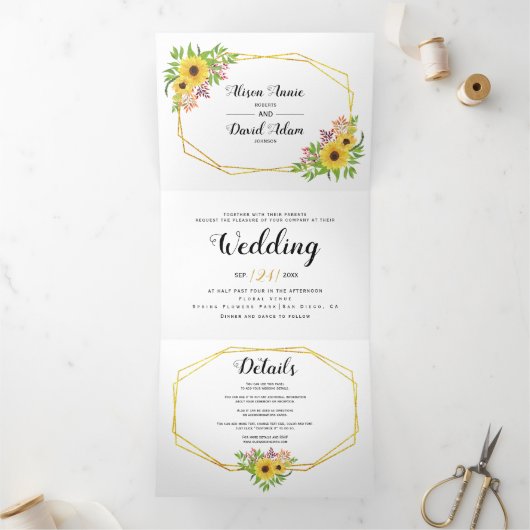 黄色い水色のひまわり、タイポグラフィ結婚ズ 三つ折り招待状 (内部)