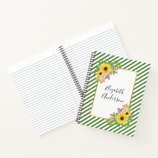 黄色い水色のひまわり、フレームとストライプ ノートブック (内部)