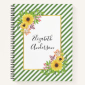 黄色い水色のひまわり、フレームとストライプ ノートブック (正面)