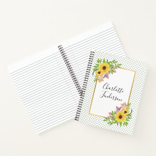 黄色い水色のひまわり、フレームと水玉模様 ノートブック (内部)