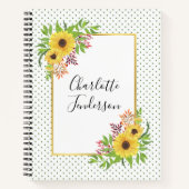 黄色い水色のひまわり、フレームと水玉模様 ノートブック (正面)