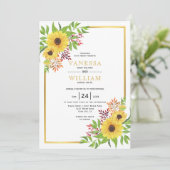 黄色い水色のひまわり、金ゴールド結婚枠 招待状 (スタンド正面)