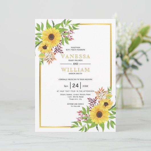 黄色い水色のひまわり、金ゴールド結婚枠 招待状 (スタンド正面)