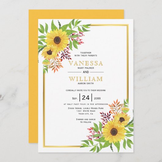 黄色い水色のひまわり、金ゴールド結婚枠 招待状 (正面/裏面)