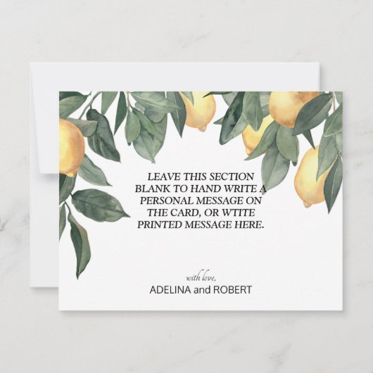 黄色い水色のレモンと緑の葉 サンキューカード (裏面)