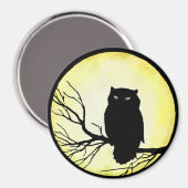黄色い水色の月を持つ怖いヴィンテージフクロウ マグネット (正面/裏面)