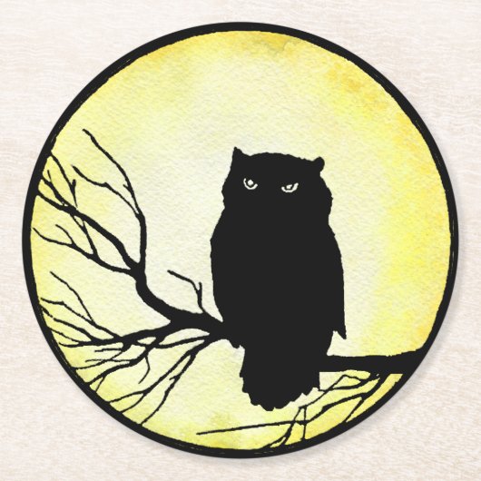 黄色い水色の月を持つ怖いヴィンテージフクロウ ラウンドペーパーコースター (正面)