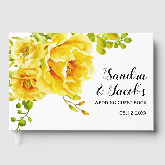 黄色い水色の花とタイポグラフィ結婚の ゲストブック (正面)