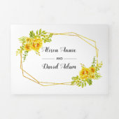 黄色い水色の花とタイポグラフィ結婚の 三つ折り招待状 (カバー)