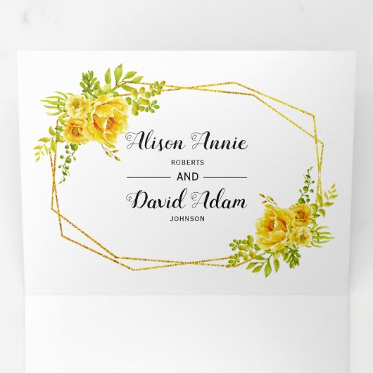 黄色い水色の花とタイポグラフィ結婚の 三つ折り招待状