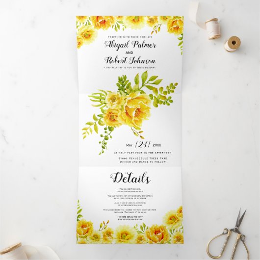 黄色い水色の花のフローラ結婚の 三つ折り招待状 (内部)