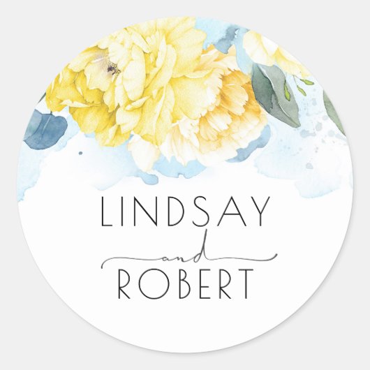黄色い水色の花エレガントヴィンテージインスパイア ラウンドシール (正面)