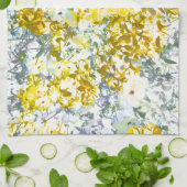 黄色い水色の花模様デザイン キッチンタオル (折り畳み)