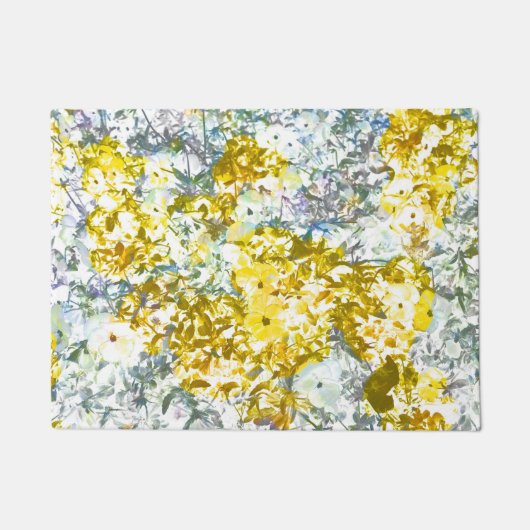 黄色い水色の花模様デザイン ドアマット (正面)