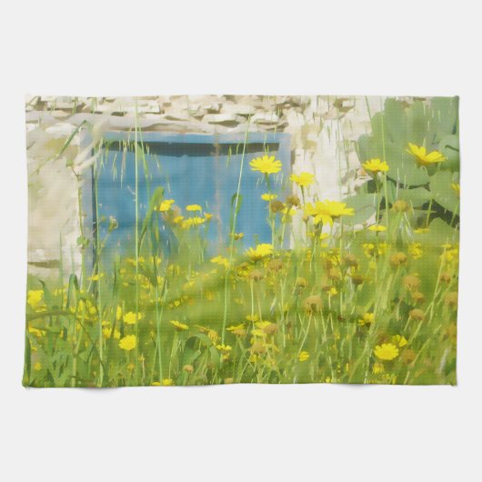 黄色い水色の花 キッチンタオル (横)