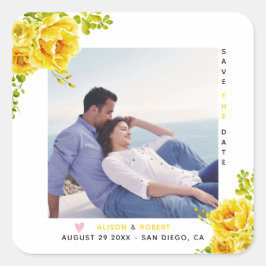 黄色い水色の花、緑の葉花と写真 スクエアシール