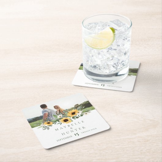 黄色い水色ひまわり救写真日付 スクエアペーパーコースター (インサイチュ)