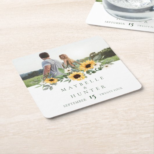 黄色い水色ひまわり救写真日付 スクエアペーパーコースター (アングル)