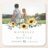 黄色い水色ひまわり救写真日付 スクエアペーパーコースター (正面)