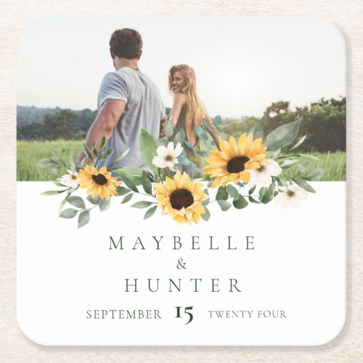 黄色い水色ひまわり救写真日付 スクエアペーパーコースター (正面)