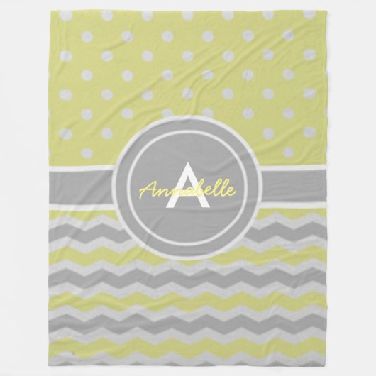 黄色い灰色の水玉模様シェブロン フリースブランケット (正面)