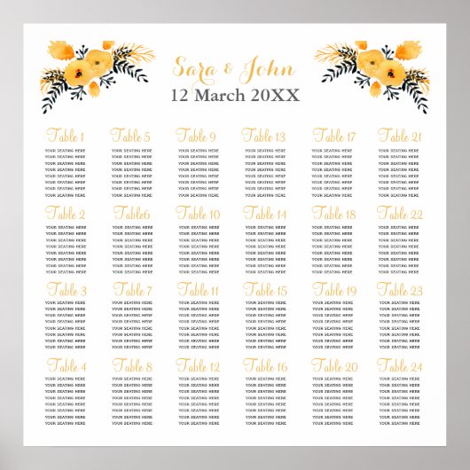 黄色い灰色の水色のフローラ結婚のシーティングプラン ポスター (正面)