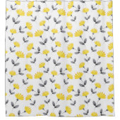 黄色い灰色の水色の花模様 シャワーカーテン (正面)