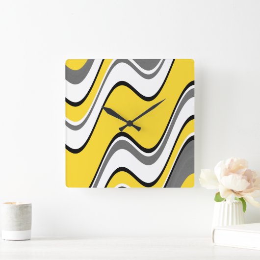 黄色い灰色の白黒の抽象芸術の波 スクエア壁時計 (ホーム)