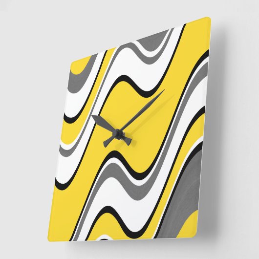 黄色い灰色の白黒の抽象芸術の波 スクエア壁時計 (傾斜)