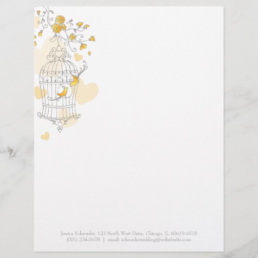 黄色い灰色の2羽の鳥が鳥かごの文字を開けます レターヘッド (正面)