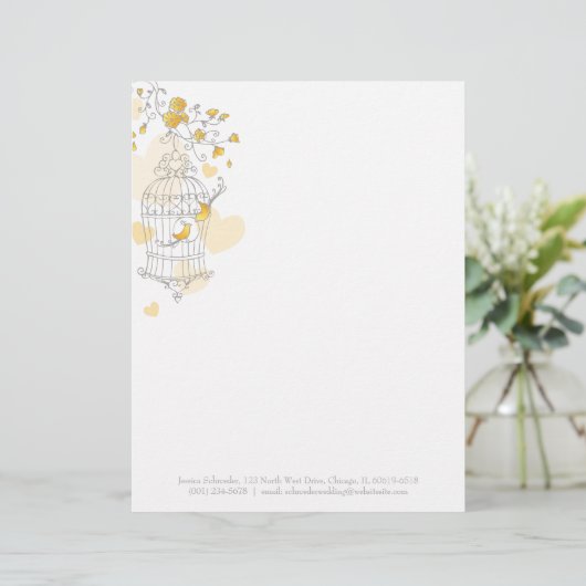 黄色い灰色の2羽の鳥が鳥かごの文字を開けます レターヘッド (スタンド正面)