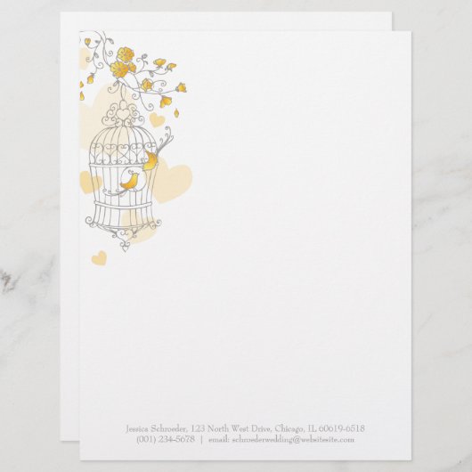 黄色い灰色の2羽の鳥が鳥かごの文字を開けます レターヘッド (正面/裏面)