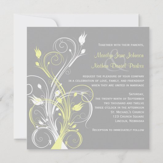 黄色い灰色白の花の正方形の結婚式招待状 招待状 (裏面)
