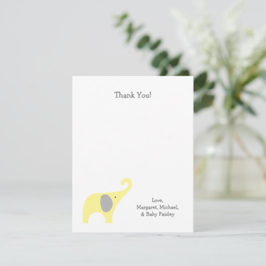 黄色い灰色象のベビーシャワーはノート感謝していしています サンキューカード (スタンド正面)