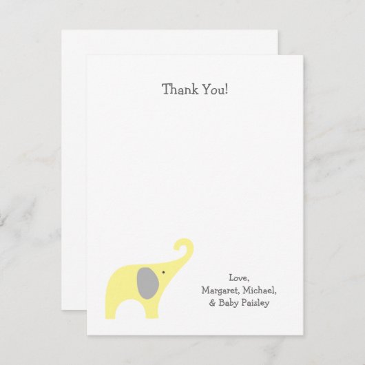 黄色い灰色象のベビーシャワーはノート感謝していしています サンキューカード (正面/裏面)
