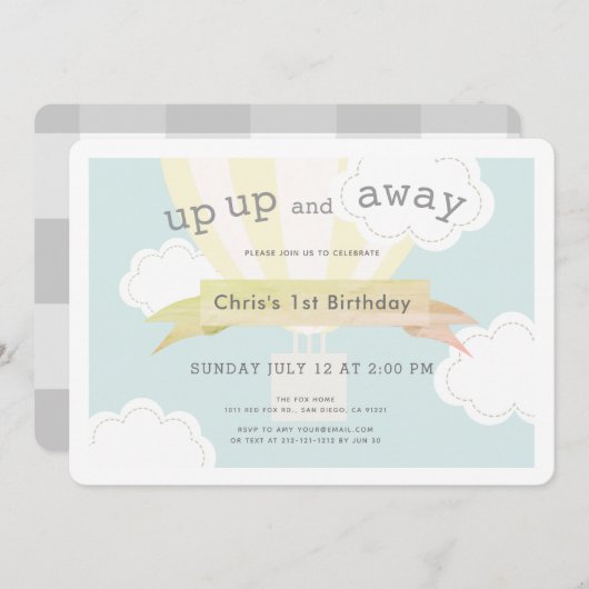 黄色い熱気球が上と遠くに1歳の誕生日 招待状 (正面/裏面)