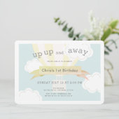 黄色い熱気球が上と遠くに1歳の誕生日 招待状 (スタンド正面)