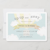 黄色い熱気球が上と遠くに1歳の誕生日 招待状 (正面)