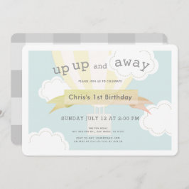 黄色い熱気球が上と遠くに1歳の誕生日 招待状