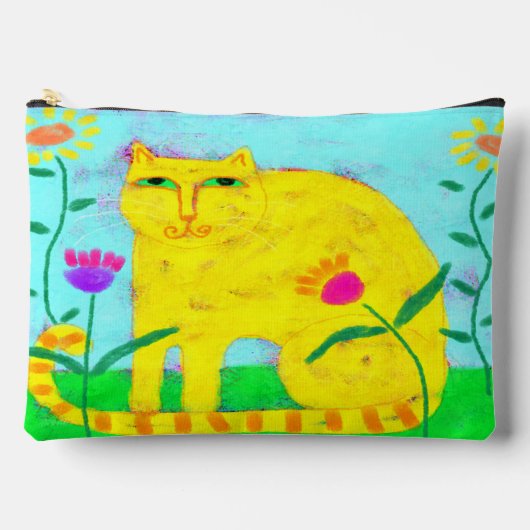黄色い猫と花抽象芸術アート アクセサリーポーチ (正面)