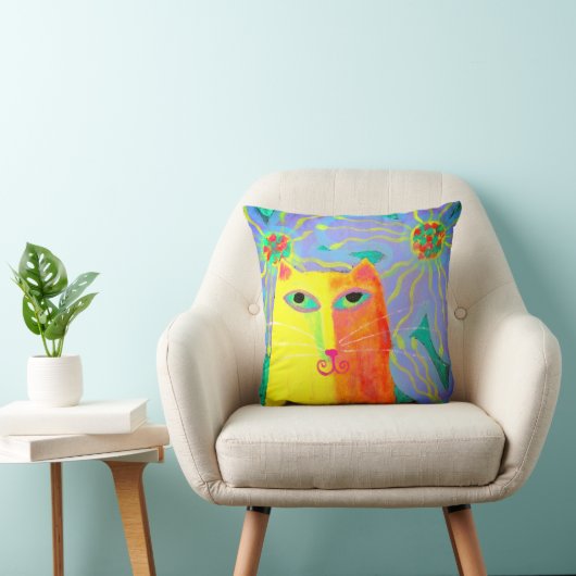黄色い猫と花抽象芸術アート クッション (椅子)