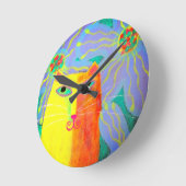 黄色い猫と花抽象芸術アート ラウンド壁時計 (傾斜)
