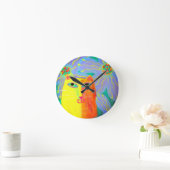 黄色い猫と花抽象芸術アート ラウンド壁時計 (ホーム)