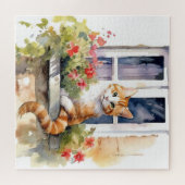 黄色い白いネコ窓の花箱絵画の ジグソーパズル (横)